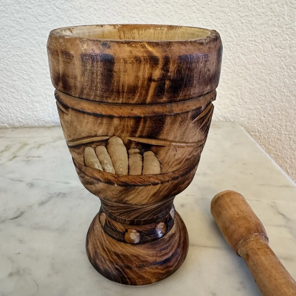 Carved Turned Hard Wood Mortar and Pestle From Brazil